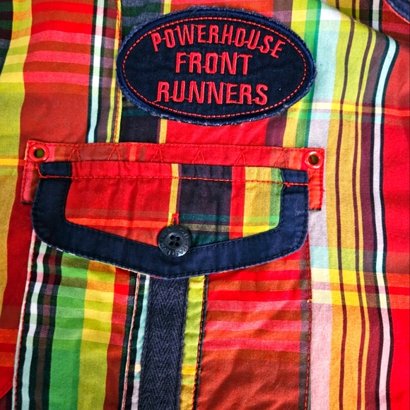 Parish Nation Powerhouse Front Runners Men's Flannel Shirt 2XL Red Plaid Patches - Picture 13 of 13